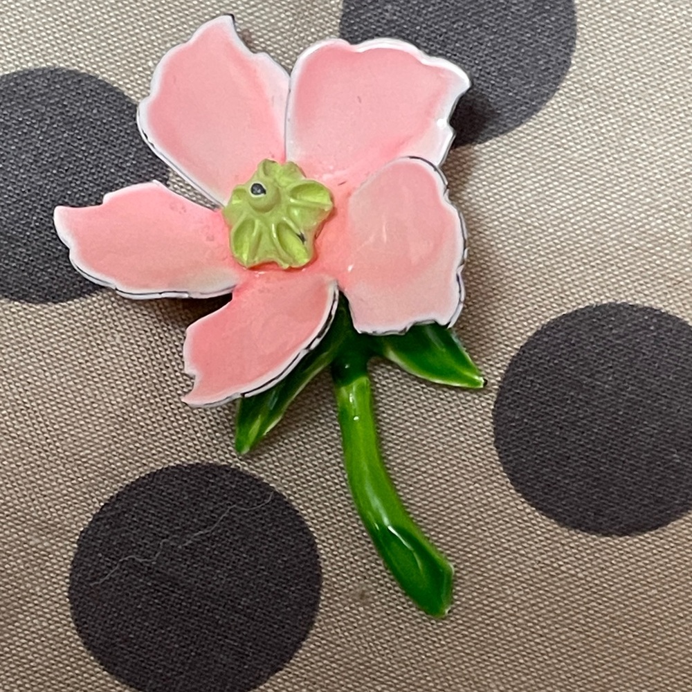 Pink Enamel Flower Brooch with Green Stem - Picture 3 of 5